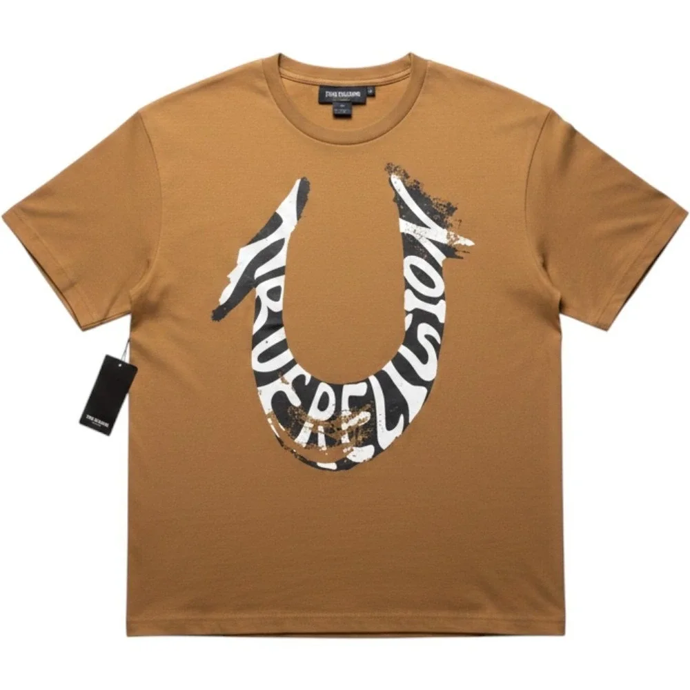 True Religion Mens Horseshoe Logo Graphic T-Shirt Mustard Tan Brown Large NWT